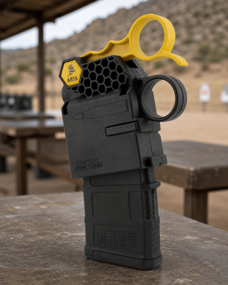 SPEED BEEZ AR-15 magazine loader on range table